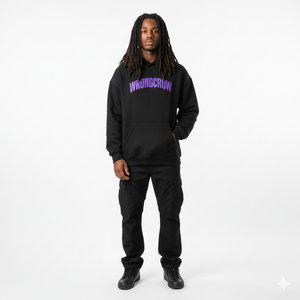 Wrongcrow Arch Logo Schwarzer Hoodie lila Schrift