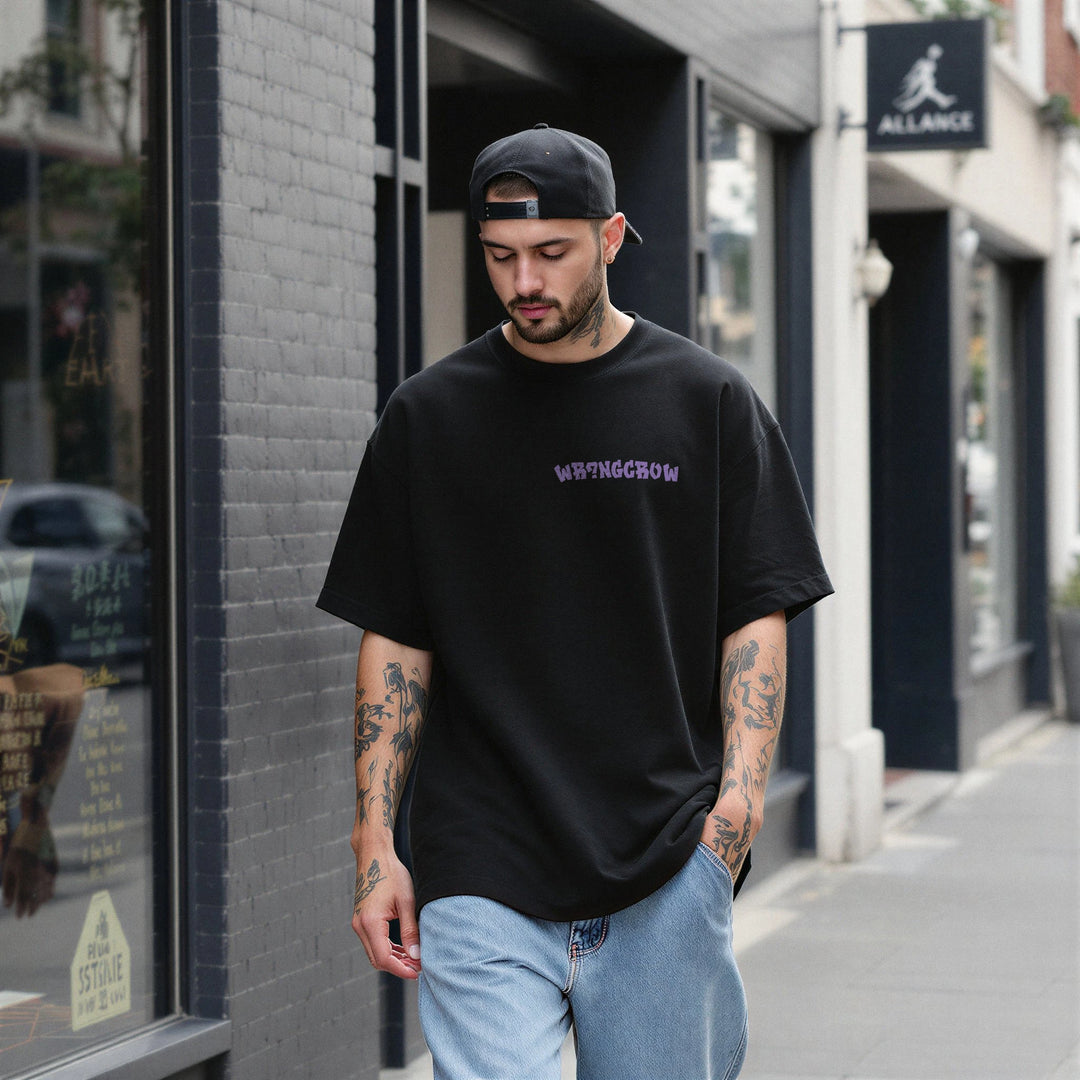 Wrongcrow Lettering Chest Print Black Tee 300 GSM